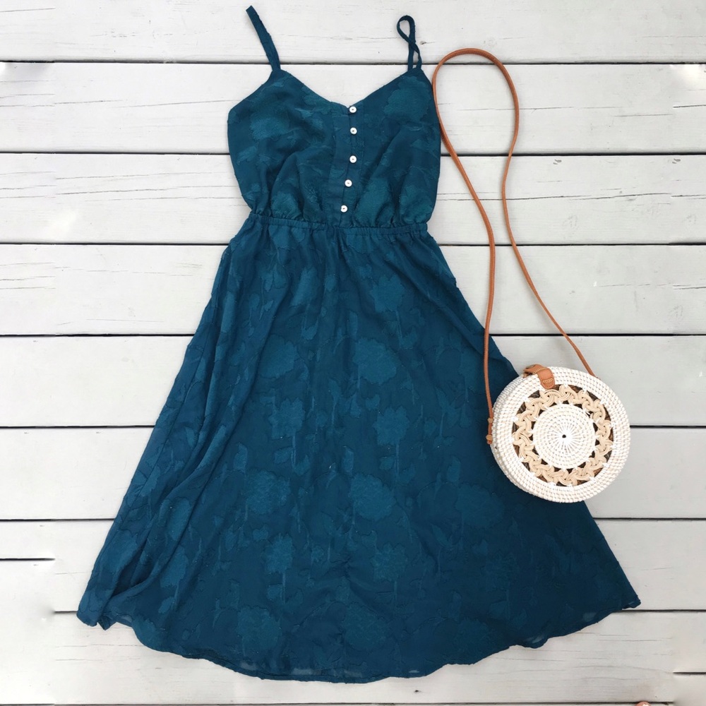 LC Lauren Conrad Teal Floral Midi Lined Dress